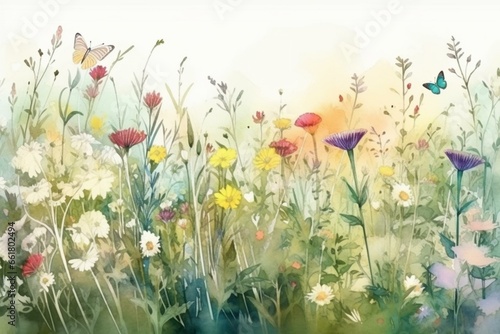Beautiful watercolor illustration of wildflowers, herbs, and butterflies in a panoramic meadow. Perfect for cards, banners, and designs. Generative AI © Moriko