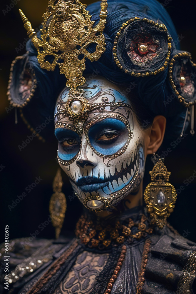 A beautiful woman wearing jewelry and having her face painted for the Day of the Dead celebration.