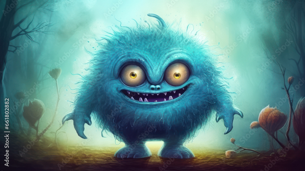 Illustration of a monster in shades of blue. Halloween.
