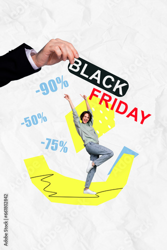 Vertical collage illustration of dancing crazy girl raised arms up gets relaxed from black friday low prices isolated on white background