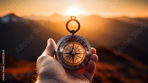 Compass in Travelers Hands Your Navigation Tool for Morning Sun Mountain Adventure,ai generated photo
