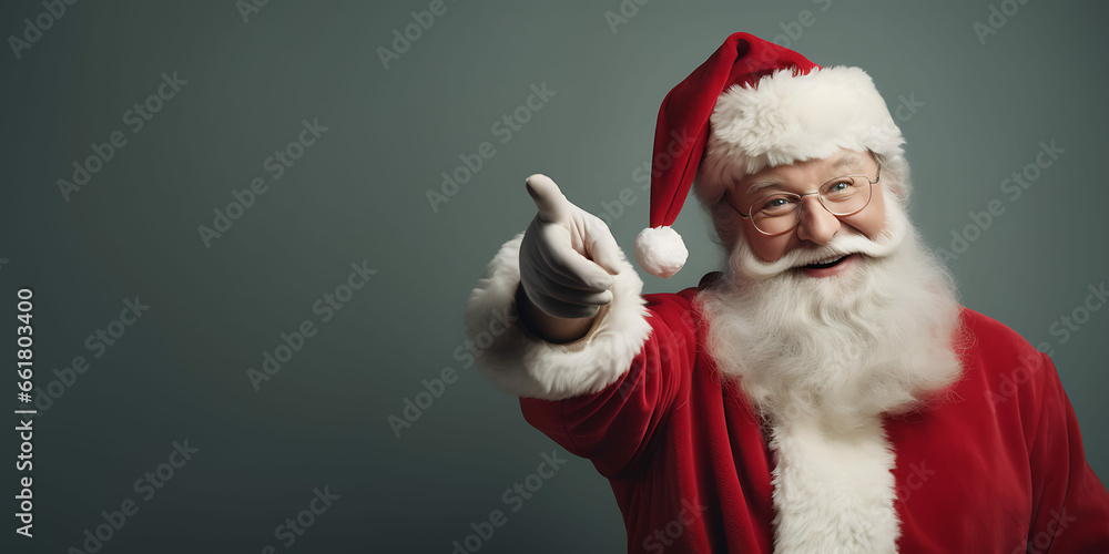 Naklejka premium Santa Claus pointing in front of a plain green background