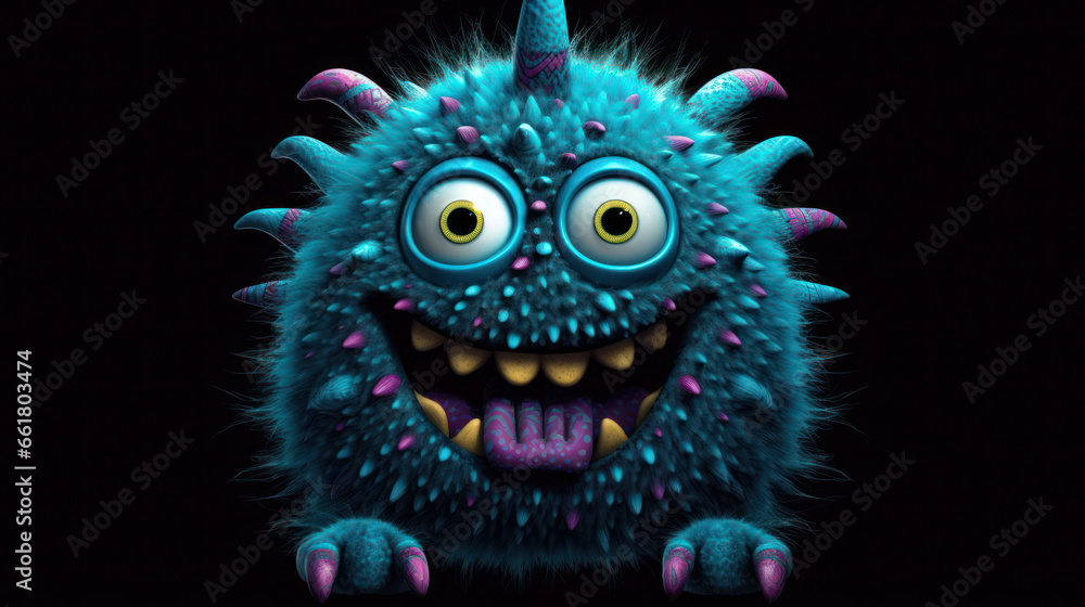 Illustration of a monster in shades of dark cyan. Halloween.