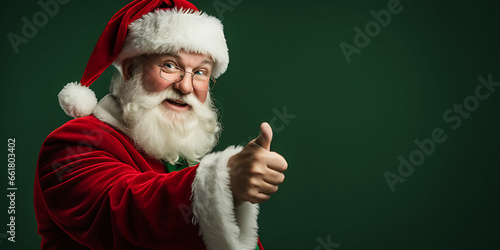 Santa Claus pointing in front of a plain green background