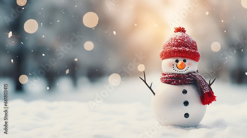 Christmas winter background with snowman and blurred bokeh. Happy greeting card