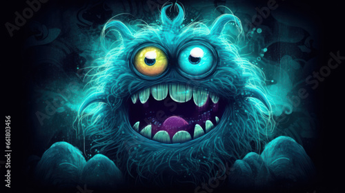 Illustration of a monster in shades of dark cyan. Halloween.