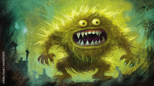 Illustration of a monster in shades of light lime. Halloween.