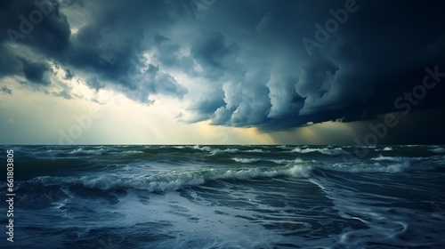 A stormy, dark, and cloudy sky looms over the sea, creating a picturesque backdrop.