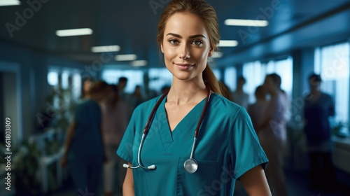 Smiling nurse, young doctor against the background of his colleagues in the hospital.