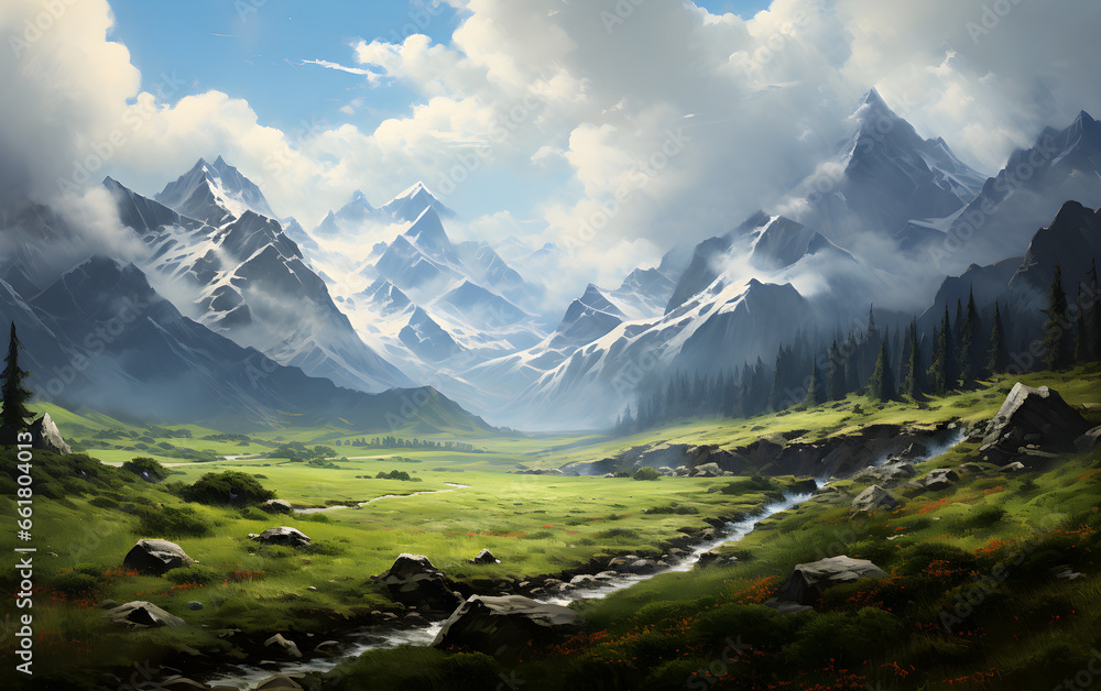 Fototapeta premium Majestic Mountains, Serene Landscape with Billowing Clouds