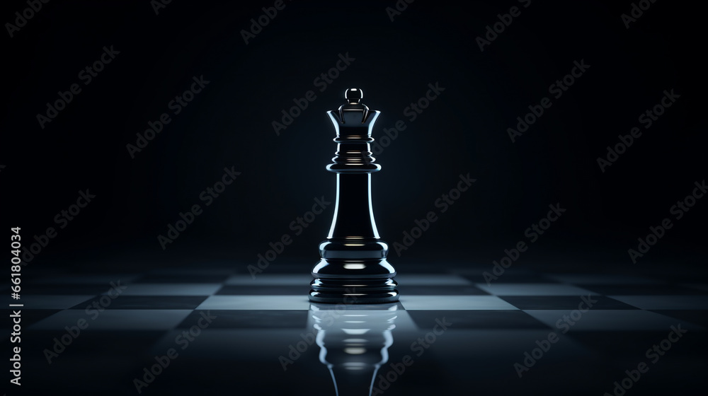 
beautiful black shiny chess piece queen on a black background and on a black and white glossy chessboard - obrazy, fototapety, plakaty 