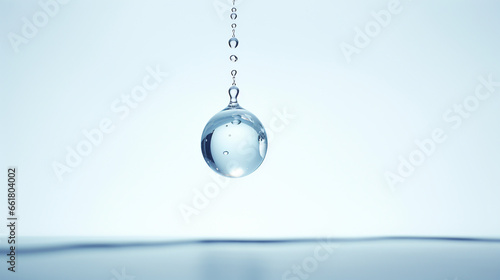 a round drop of water in the air that left behind a trail of small drops on a soft blue background