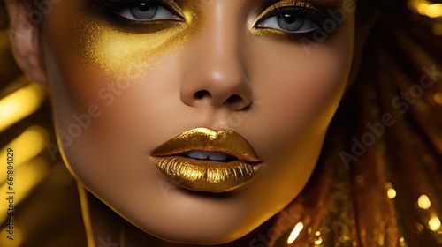 Fashion art Golden skin Woman face portrait closeup.