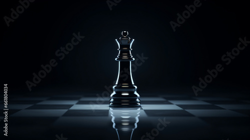
beautiful black shiny chess piece queen on a black background and on a black and white glossy chessboard photo