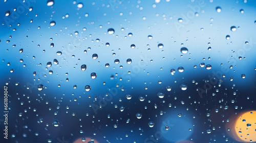 Raindrops sparkle atop a sapphire glass canvas, forming a blurred autumnal panorama.