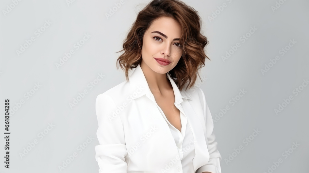 Brunette woman in white fashionable clothes on a white background. Women's beauty and fashion. Brunette woman in white fashionable clothes on a white background. Women's beauty and fashion.