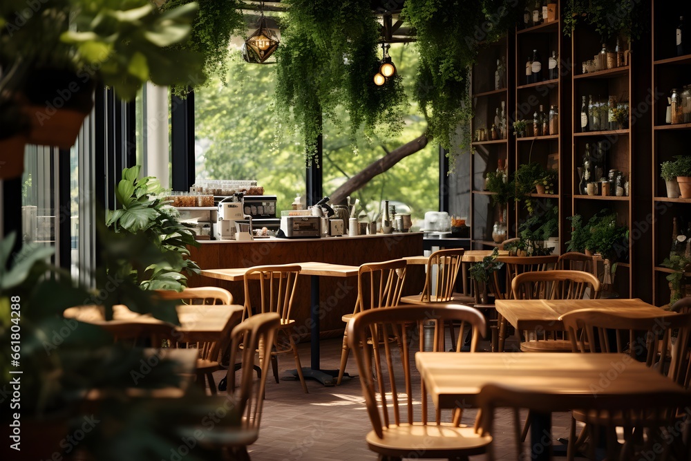 Fototapeta premium A cafe with wooden furniture and lots of greenery.