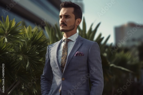 Solo groom in gray suit. Stylish male on wedding photoshoot session. Generate ai