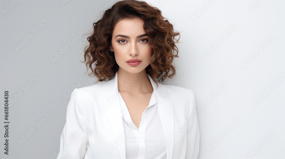 Brunette woman in white fashionable clothes on a white background. Women's beauty and fashion. Brunette woman in white fashionable clothes on a white background. Women's beauty and fashion.