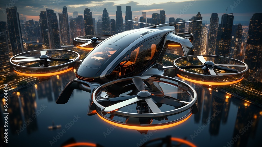 An innovative EVTOL aircraft with futuristic capabilities for vertical takeoff and landing. - obrazy, fototapety, plakaty 