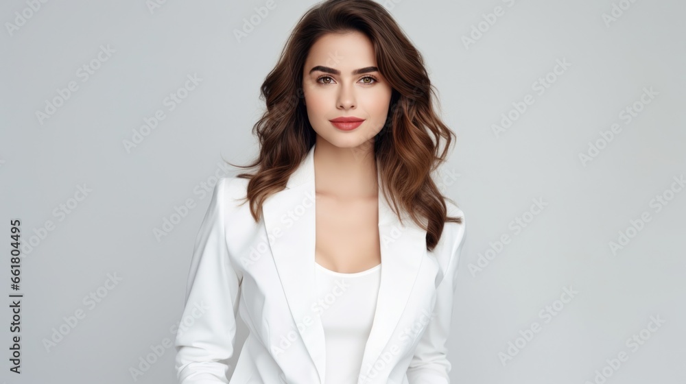 Brunette woman in white fashionable clothes on a white background. Women's beauty and fashion. Brunette woman in white fashionable clothes on a white background. Women's beauty and fashion.