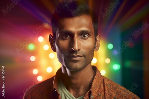South Asian male portrait. Cheerful adult man with colorful lights background. Generate ai