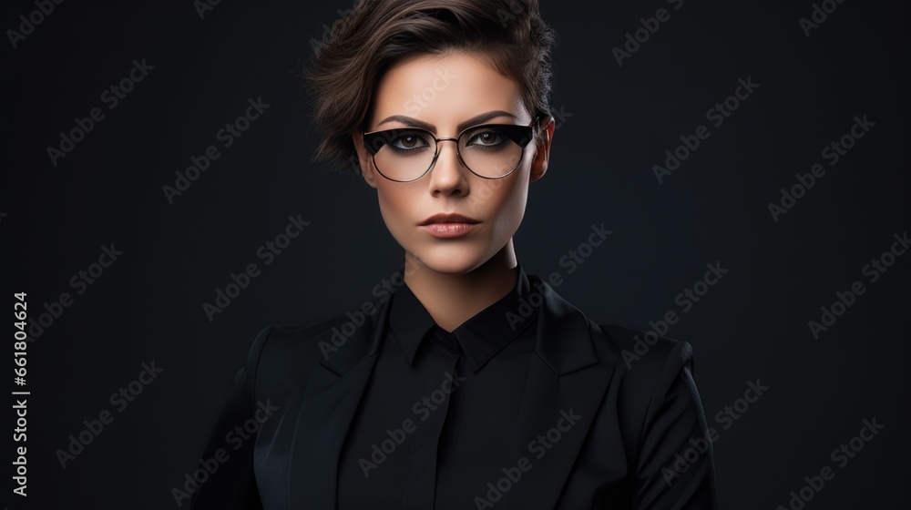 Brunette woman in black fashionable clothes on a black background. Women's beauty and fashion.