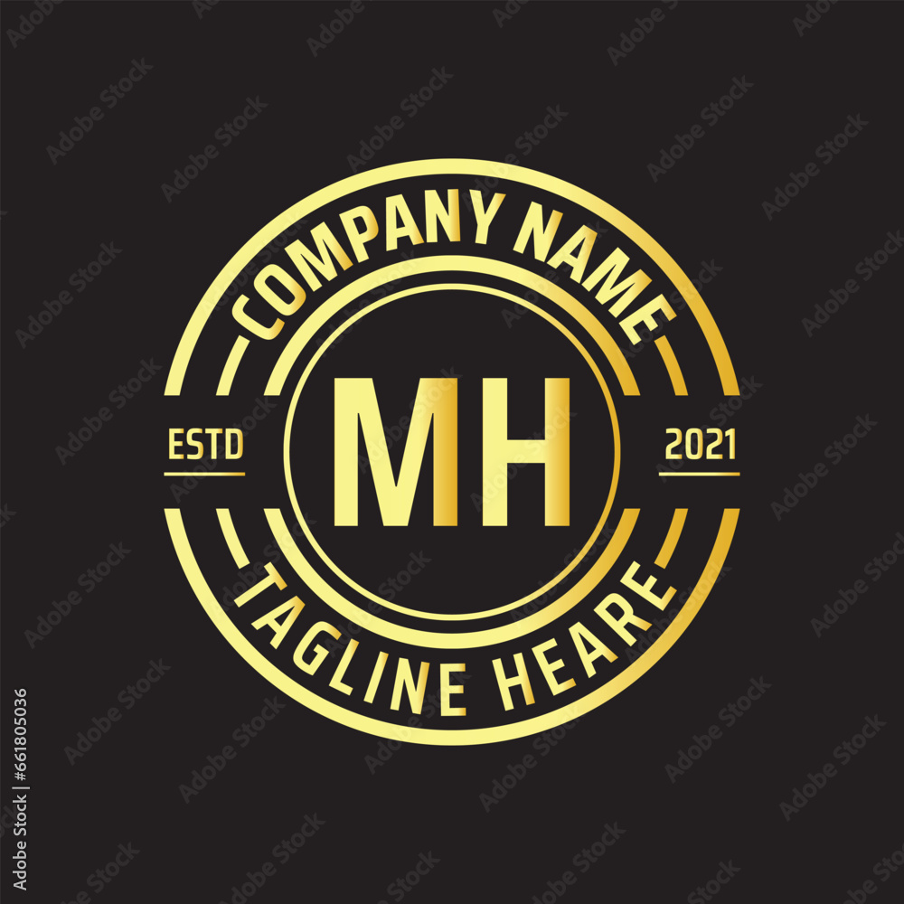 Professional simple Letter MH Circle Luxury Gold Color Vector Logo Template