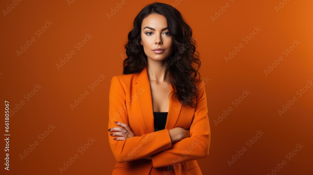 Beautyful woman in orange fashionable clothes on an orange background. Women's beauty and fashion. Beautyful woman in orange fashionable clothes on an orange background. Women's beauty and fashion.