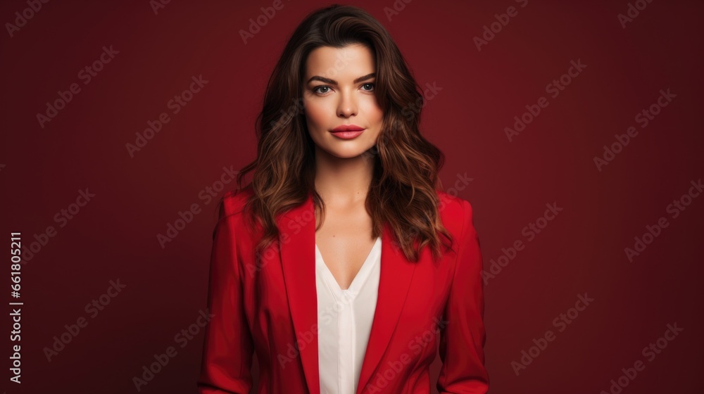 Brunette woman in red fashionable clothes on a red background. Women's beauty and fashion. Brunette woman in red fashionable clothes on a red background. Women's beauty and fashion.