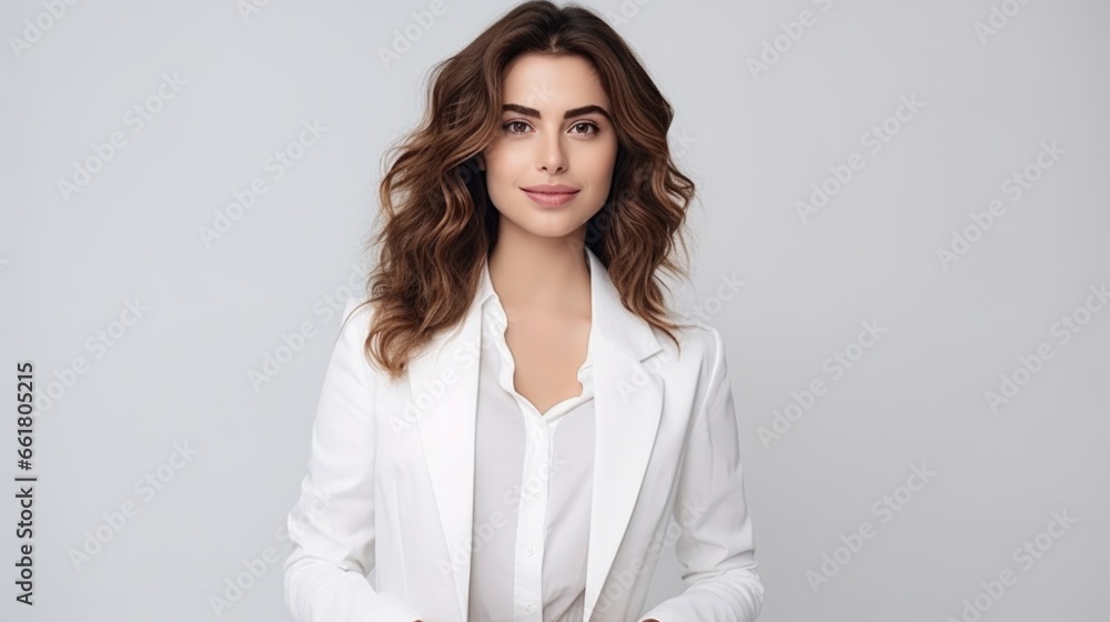 Brunette woman in white fashionable clothes on a white background. Women's beauty and fashion. Brunette woman in white fashionable clothes on a white background. Women's beauty and fashion.