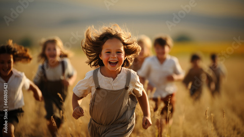 Children Ran Freely In The Open Field, Full Of Joy. Сoncept Childhood Adventures, Enchanting Moments, Boundless Energy, Pure Happiness