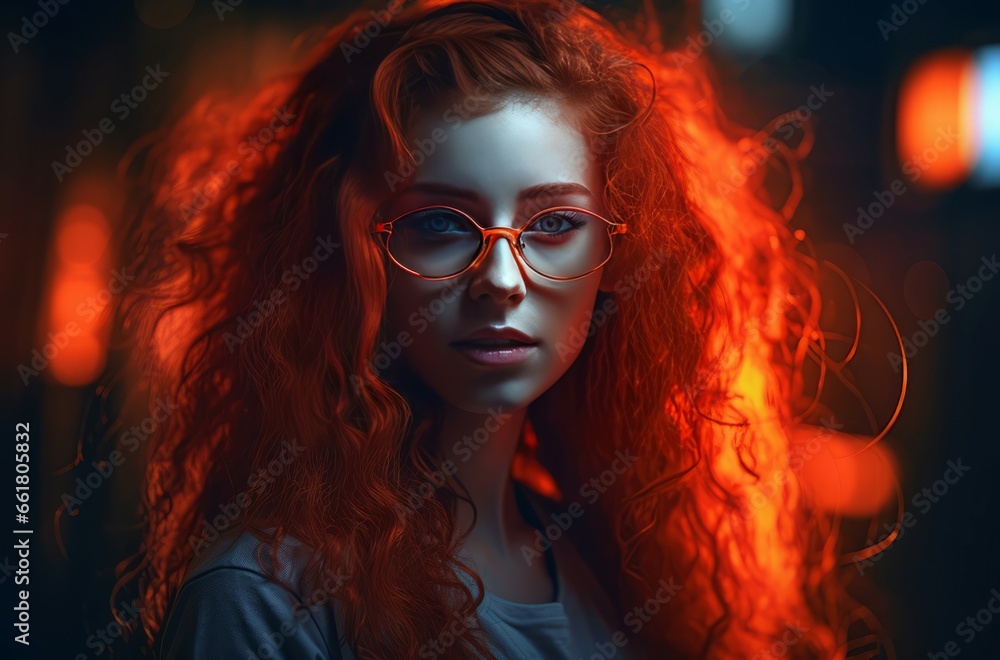 Ginger curly girl with red glasses. Foxy young female teenager with wavy hairdo. Generate ai