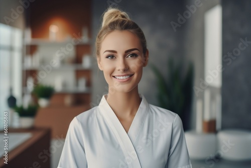 Beautiful smiling manager against the background of a bright spa salon.