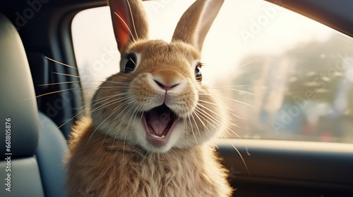 A rabbit with the emotion of fear look from the window of the car behind the wheel  created with Generative Ai technology.