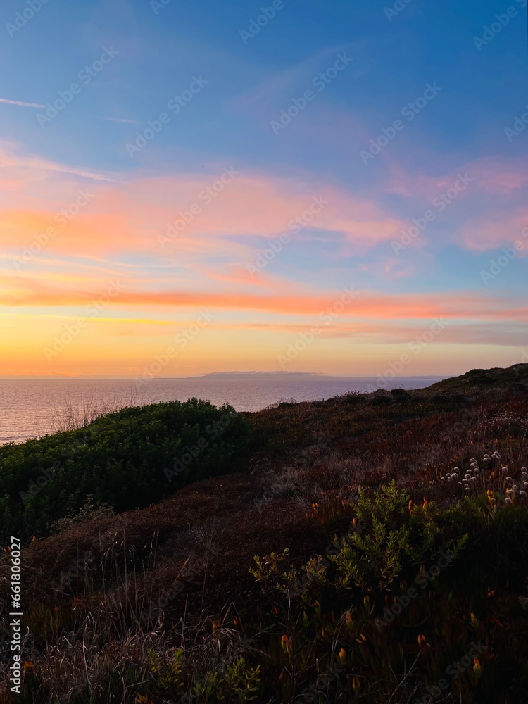 Fototapeta premium Beautiful purple ocean view, sky after the sunset, pink clouds, sea horizon, ocean coast 