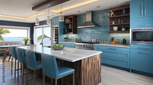kitchen remodel with a coastal modern design, featuring clean lines and ocean-inspired colors