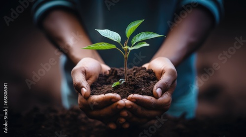 Hand Holding Young Tree, Symbolizing Ecofriendly Practices. Сoncept Sustainable Living, Tree Planting Programs, Green Initiatives, Environmental Awareness, Conservation Efforts