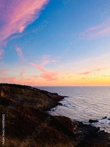 Beautiful purple ocean view  sky after the sunset  pink clouds  sea horizon  ocean coast 