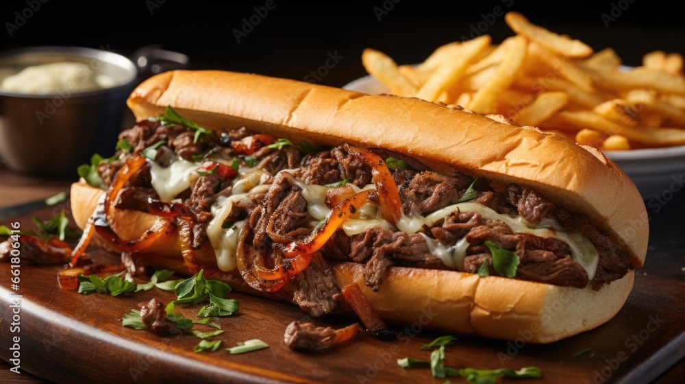Philly Cheesesteak With Beef, Cheese, Peppers, And Caramelized Onion