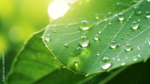Glistening droplets of crystal-clear rain on a verdant leaf glint in the sunrise.