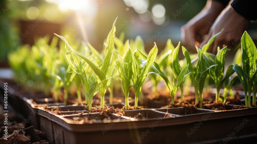 Sunny Garden, Hand Planting Corn Seed - obrazy, fototapety, plakaty 