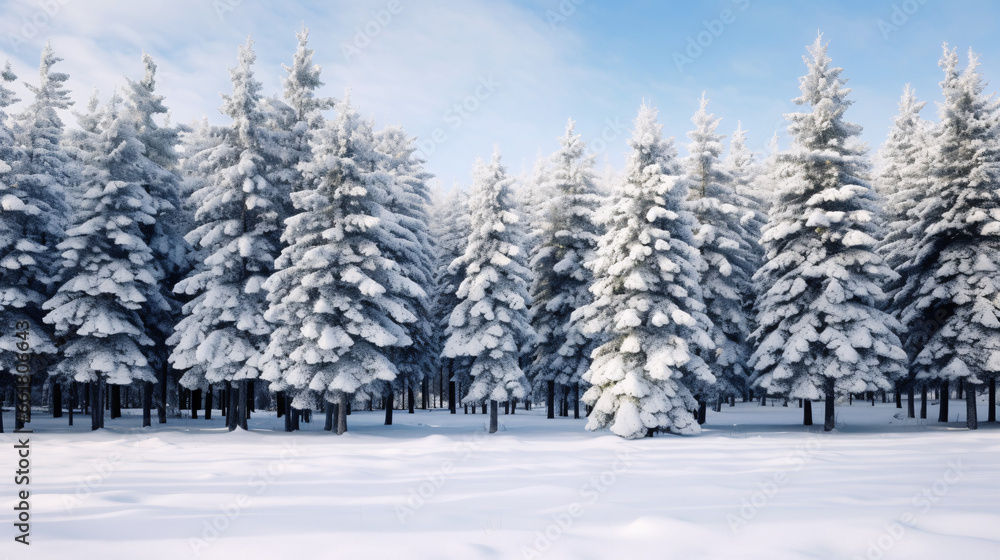 Pine forest in winter cowered with a thick white snow blanket Pine forest in winter cowered with a thick white snow blanket
