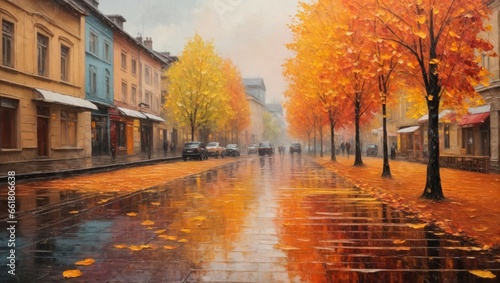 Autumn season with its charming colors, an oil painting of a vibrant city