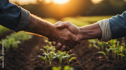 Two Farmers Discussing On The Field And Sealing The Deal With A Handshake. Сoncept Farmers Negotiating, Field Conversation, Seal The Deal, Handshake Agreement