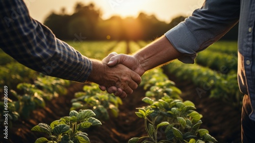 Two Farmers Discussing On The Field And Sealing The Deal With A Handshake. Сoncept Farmers Negotiation, Field Deal, Handshake Agreement
