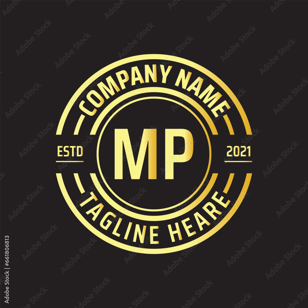 Professional simple Letter MP Circle Luxury Gold Color Vector Logo Template