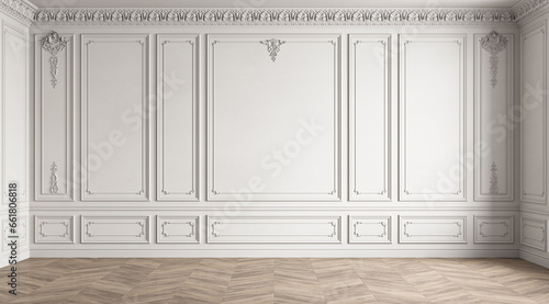 Classic white empty interior with blank wall with moldings and wood floor. 3d render illustration mockup.