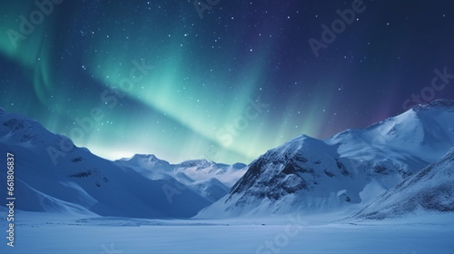 The mysterious Aurora Borealis glittering over snow-dusted peaks creates a truly breathtaking scene.