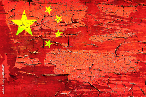 Chinese flag and paint crackles. Describe China's real estate crash, bubbles, financial turmoil, and China's Lehman storm. Employment recession economic depression. Double exposure hologram.